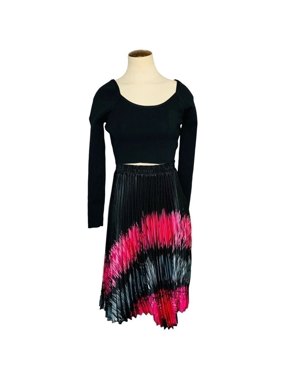 Black Satin Pleated Skirt Sz S/M Pink Asymmetrical Pattern Pull on Elastic Waist